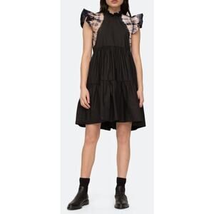 Sea New York Daria Dye Tunic Dress Womens XS Black Tie Dye Flutter Sleeve Tiered